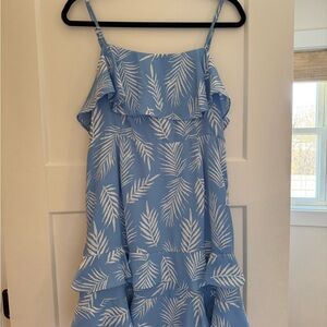 Aqua Light Blue and White Tropical Print Ruffle Sundress